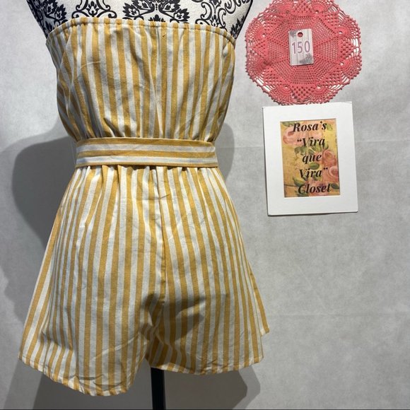 Shein White and Yellow Romper with Belt - Picture 3 of 12